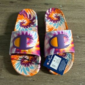 new champion mega slide sandals women’s size 10 tie dye design purple orange